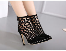 Load image into Gallery viewer, Crisscross Studded Stiletto Ankle Boots
