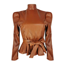 Load image into Gallery viewer, Faux Leather Peplum Top with puff sleeves
