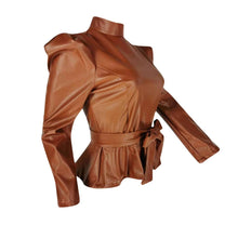 Load image into Gallery viewer, Faux Leather Peplum Top with puff sleeves
