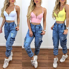 Load image into Gallery viewer, Blue High Waist Cargo Jeans
